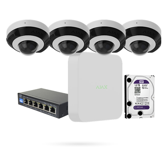 KIT NVR 8CH + 4 CÁMARAS DOMO 5MPX AJAX