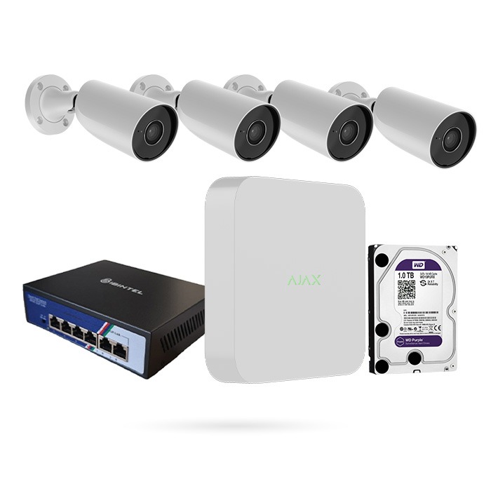 KIT NVR 8CH + 4 CÁMARAS BULLET 8MPX AJAX